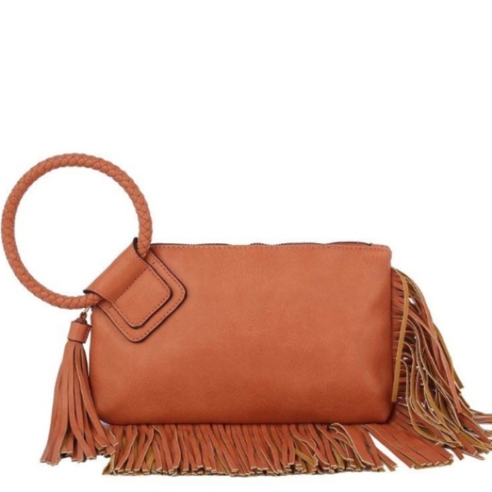 Calin Collection Vegan Brown Wristlet Clutch Wrap Around Fringe NWT!